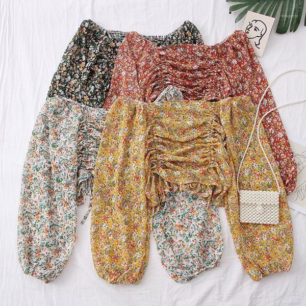 

singrain french sweet floral women blouse fashion chic ruched drawstring slash neck blouses autumn off shoulder boho print 1, White