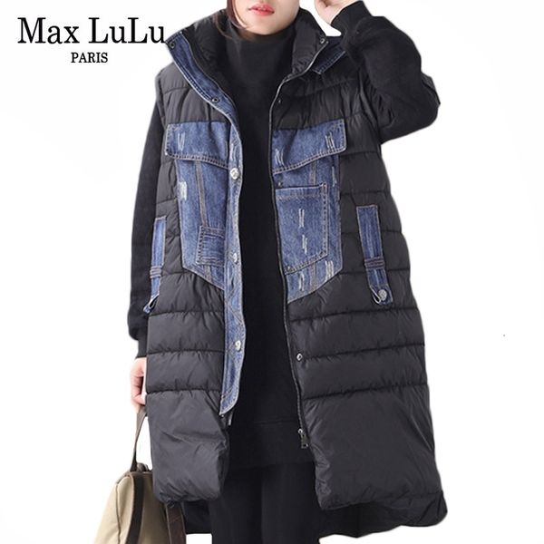 

max lulu winter fashion european ladies padded clothes womens hooded sleeveless vest vintage snow coat denim long waistcoat y201012, Black;brown