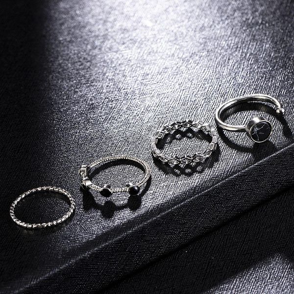 

4шт черный бусин водой узор кольцо открытый регулируемый мода евречно классические кольца для женщин мужчин в день святого валентина подарок, Silver