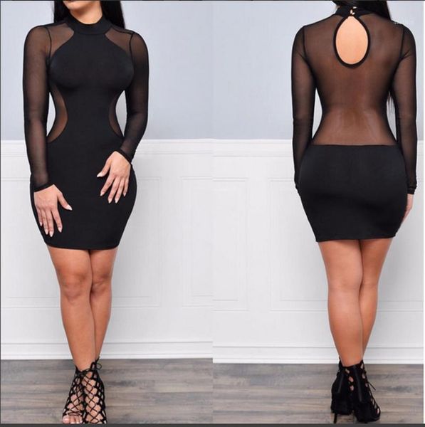 Vestidos de festa mulheres sexy ver através de malha bandagem bodycon manga comprida roupas noite clubwear mini vestido magro1