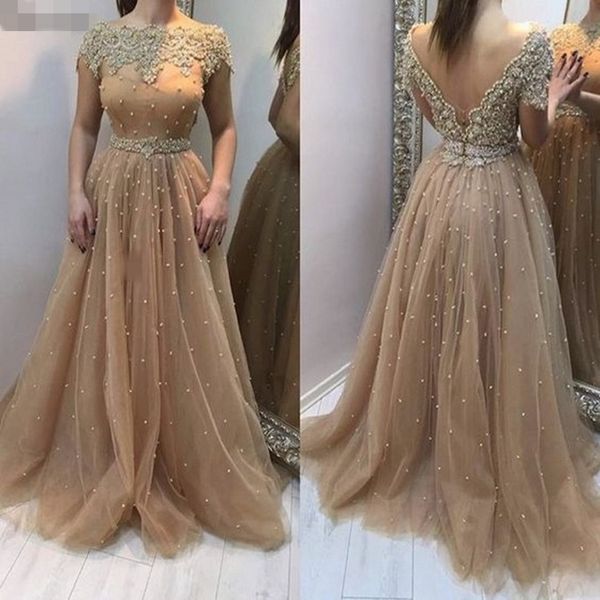 

champagne 2020 prom dresses with short sleeves crystal pearls evening gowns deep v back backless formal gowns for party vestido de festa, Black