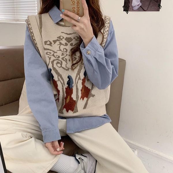 

women's sweaters sleeveless knitted autumn and winter loose round neck thickened sweater pullover, White;black