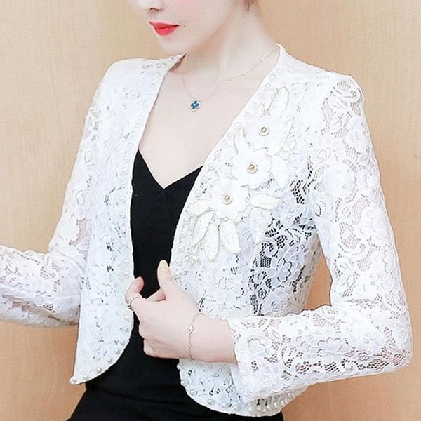 

3xl 4xl plus size jacket women long sleeve black white women jacket beading hollow out lace jacket coat women short clothes d107, Black;brown