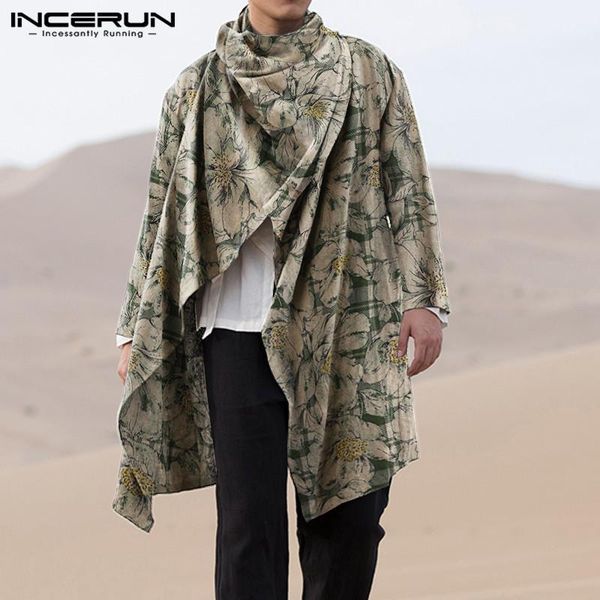 

men's trench coats incerun men printing turtleneck long sleeve retro cloak cotton leisure ponchos 2021 streetwear mens irregular s-3xl1, Tan;black