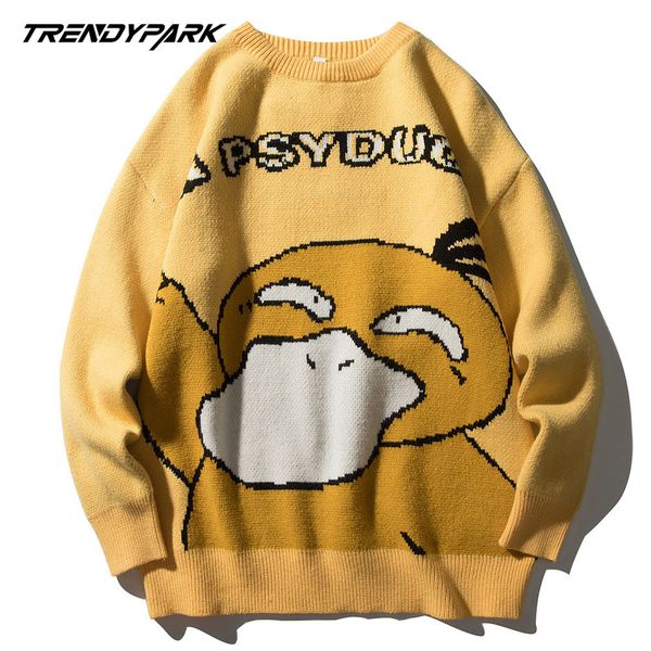 

funny cartoon duck sweater pullover jumper men printed knitted sweater hip hop harajuku streetwear casual autumn male sweater 201116, White;black