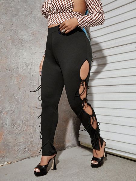 

plus knot cut out leggings p6bx#, Black
