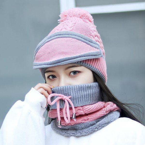 

winter thick windproof warm hat womens beanies skullies winter knitted women hat bonnet beanie cap outdoor riding scarf set, Blue;gray