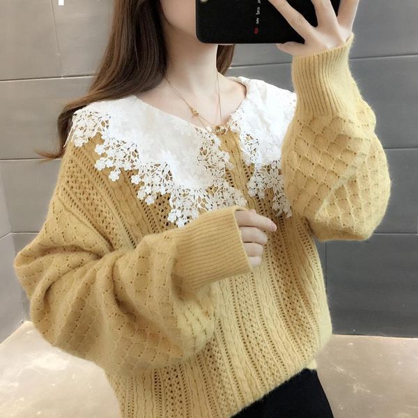 

2021 new spring women's blouses fashion lets off wear all game lace doll neck knitted sweater y525 c7tw, White;black
