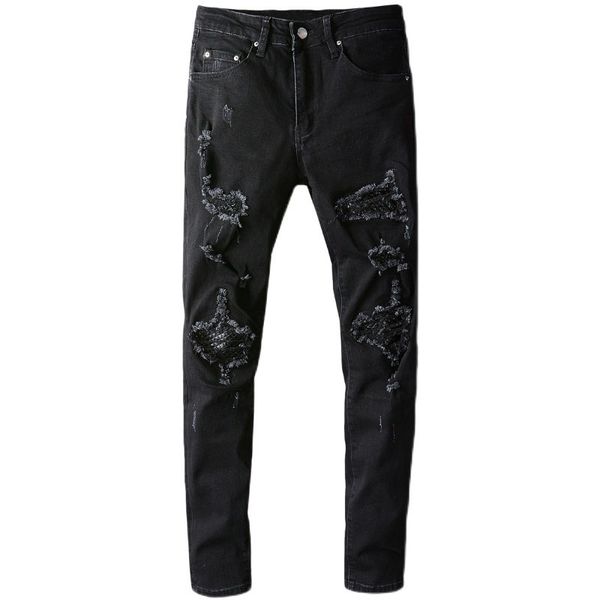 

2021 new men's male trousers fashion high street brand black leather patch hole jeans men stretch slim thin denim pants mhtp, Blue