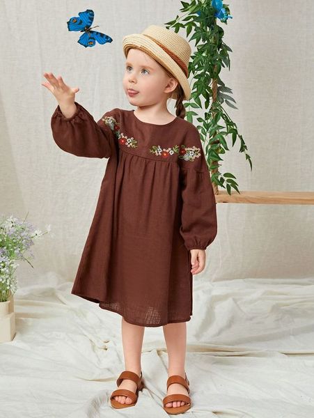 

toddler girls lantern sleeve floral embroidery dress she, Red;yellow