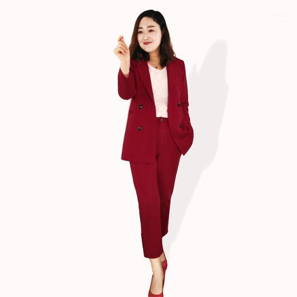 

spring and autumn large size women's new double-breasted suit nine points feet pants suit banquet casual professional1, White