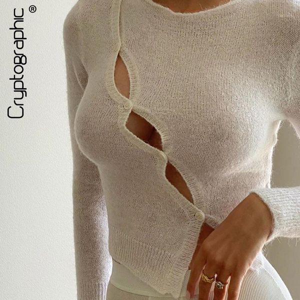 

cryptographic chic fashion long sleeve women's cut-out 2020 fall round neck button up slim clothing streetwear1, White
