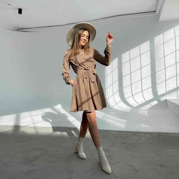 

women vintage sashes corduroy a-line mini dress long sleeve o neck khaki color elegant casual party dress winter, Black;gray