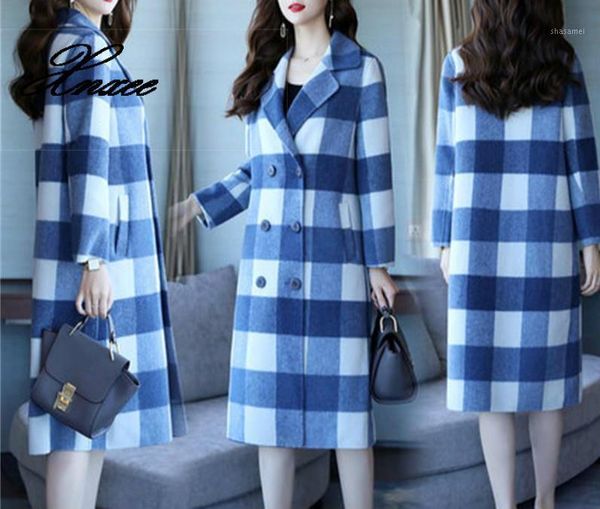 

xnxee woolen female autumn and winter new 2019 temperament slim fashion plaid long section over the knee woolen coat1, Black
