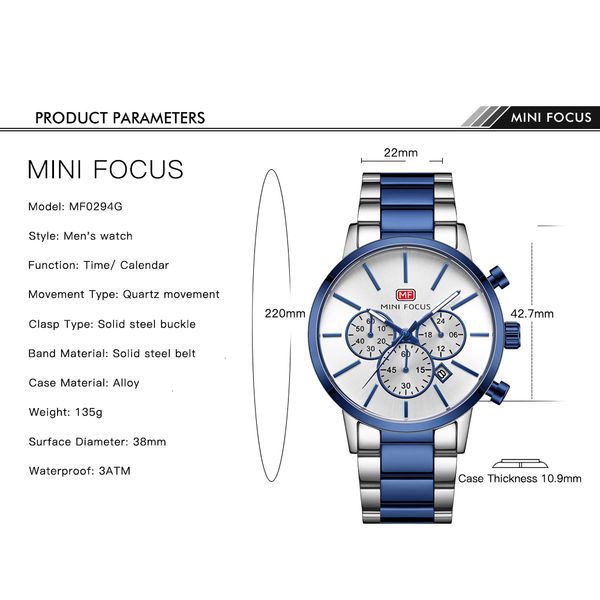 

minifocus brand luxury watches mens 2020 chronograph sports quartz watch men luxury dress wristwatches man relogio masculino, Silver