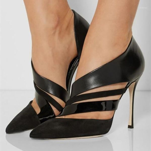 

ashiofu new handmade womens high heel pumps cut-out pointy office&career shoes slip-on party prom fashion pumps shoes1, Black