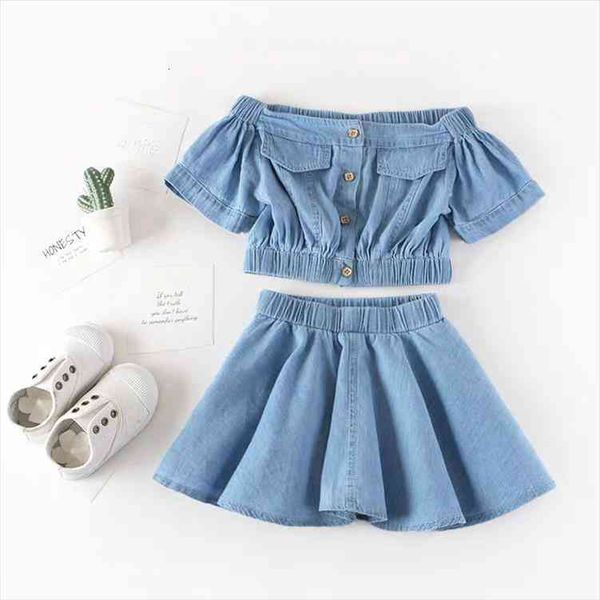 

kids summer clothes set baby girl jeans clothing sets off shoulder skirt 2pieces children tracksuit girls outfits, White