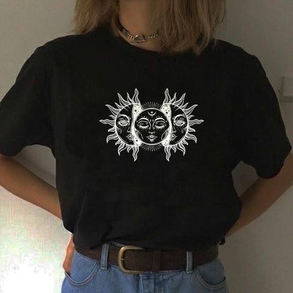 

hahayule-jbh women's solar eclipse sun and moon t-shirt vintage fashion aesthetic grunge tee hipsters gothic clothing, White