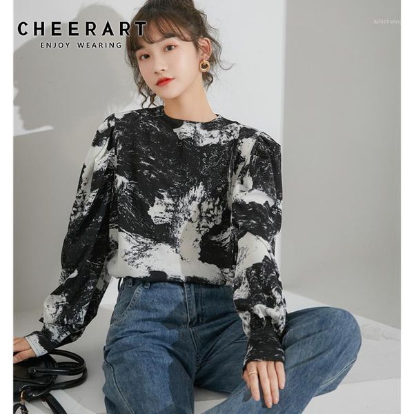 

cheerart ink painting puff sleeve long sleeve blouse women and bloues print loose casual fall 2020 korean clothing1, White