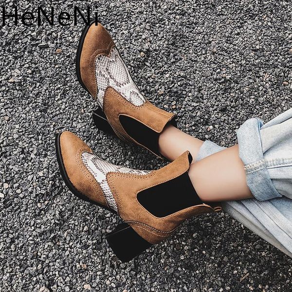 

2020 fashion ankle boots women shoes stitching snake printing winter pointed toe western cowboy boots bota feminina size32 33 34, Black