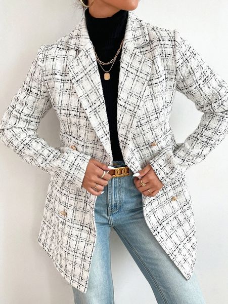 

double breasted plaid tweed overcoat a1ss#, Black