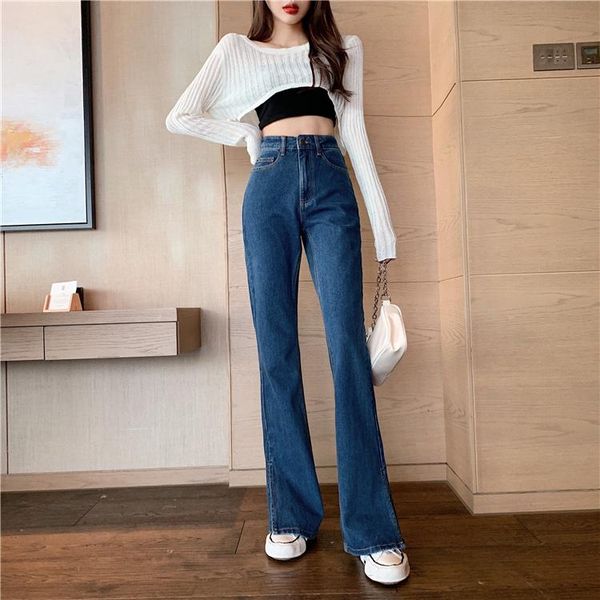 

fashion 2020 autumn personality slit wide leg pants fashion high waist drop to reduce the age of jeans women, Blue
