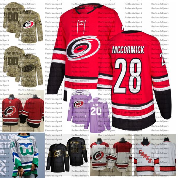 

2021 reverse retro customize #28 max mccormick hurricanes jerseys golden edition camo veterans day fights cancer hockey jersey, Black;red