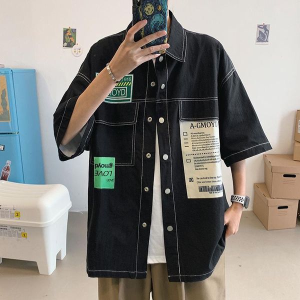 

summer men's cotton loose tooling short sleeve hawaiian shirt camisa masculina french cuff mens fashion shirts big size -5xl, White;black