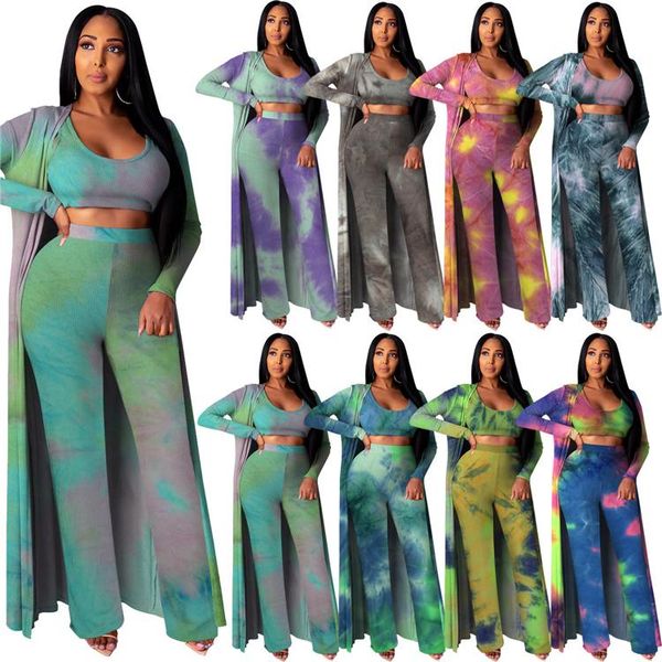 

women's tracksuits in stock women fall clothing ribbed crop with cardigan tie dye 3 piece pants sets, Gray