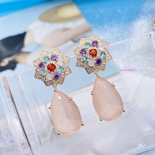 

colored zircon flower water drop earrings three-dimensional 925 silver needle lady earrings senior sense of female earrings show thin face