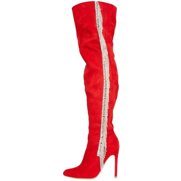 

woman bling mode crystal borla side embellished pointed toe thigh black red suede over knee lady stage boots 84zj