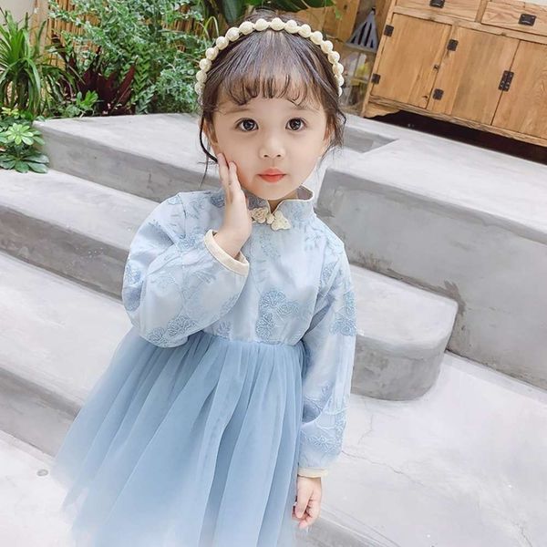 

2020 girls' pearl buckle hanfu autumn korean new foreign sle gauze drs children's fashion, Red;yellow