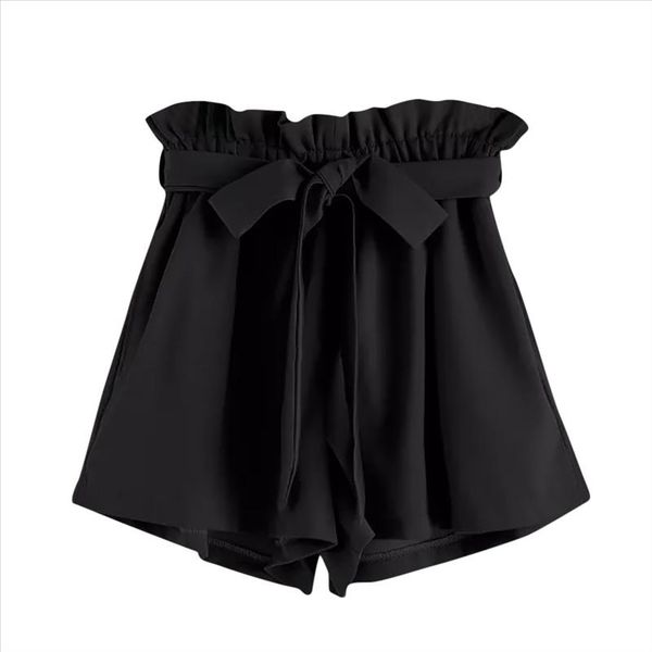 

women retro solid classic shorts high elastic waist with string shorts women casual fit pocket spodenki damskie, White;black