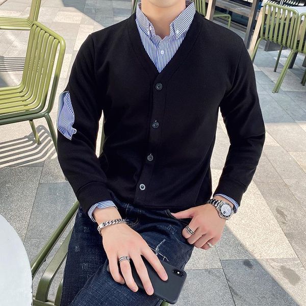 

british style autumn winter fake-2pieces cardigan men clothing 2020 slim fit shirt collar spliced casual knitted sweaters 3xl-m1, White;black