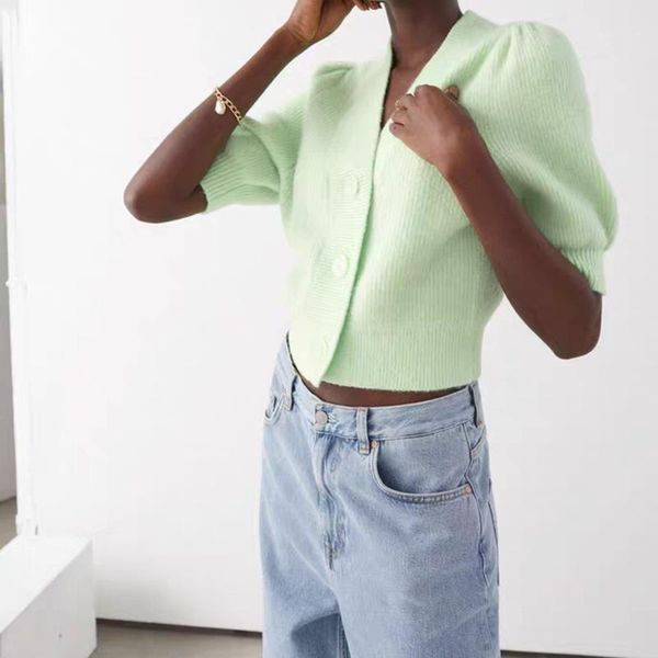 

2020 summer sweater women puff sleeve cropped cardigan button up sweater v neck knit sweaters ribbed cropped cardigan white1, White