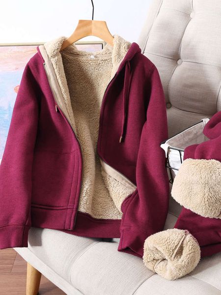 

plush and thick warm hooded zipper sweater coat + elastic waist casual pants sports two piece suit for women, Gray