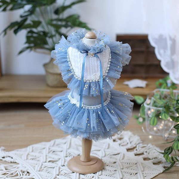 

dog apparel handmade clothes dress blue tulle gold dots lace skirt tutu pet cats outfit poodle maltese yorkie