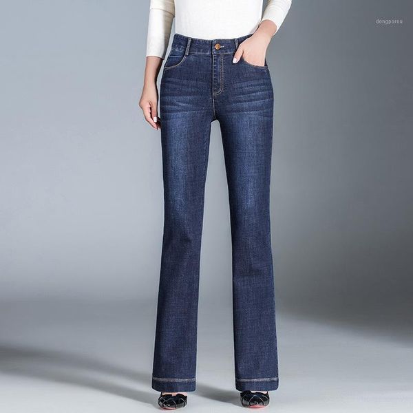 

2018 fall new denim stretch high waist show skinny fashion flared panties small micro large size trousers1, Blue