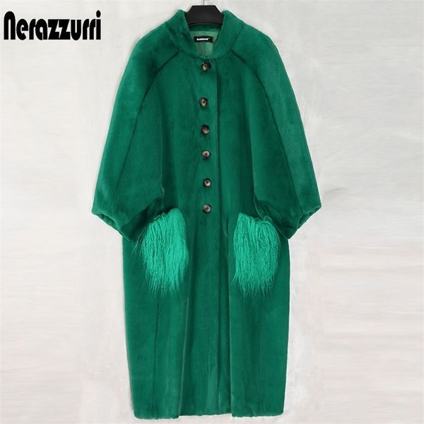 

nerazzurri oversized green long fluffy faux fur coat women bat sleeve with mongolian fur pockets furry coats plus size fashion 201210, Black