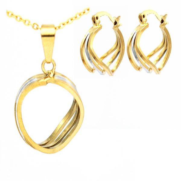 

fashion stainless steel jewelry sets two tone trendy pendant necklace earrings women gold color jewellery set wedding accessori, Silver
