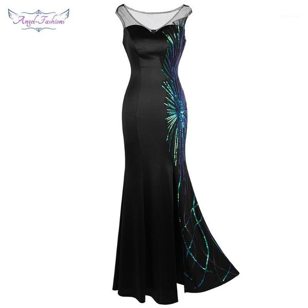 

angel-fashions women's see through round neck evening dress splicing gradient sequin slit long mermaid vintage black j-190607-s1, White;black
