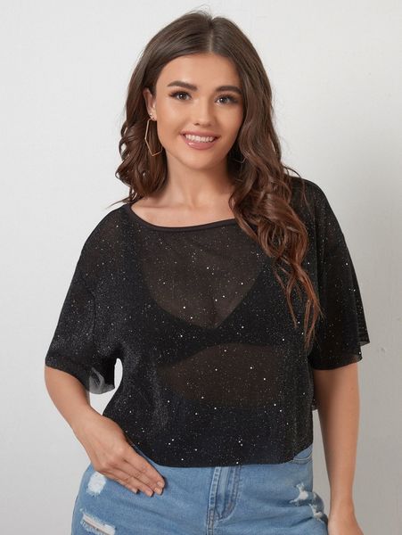 

plus glitter drop shoulder crop sheer l3qc#, Black