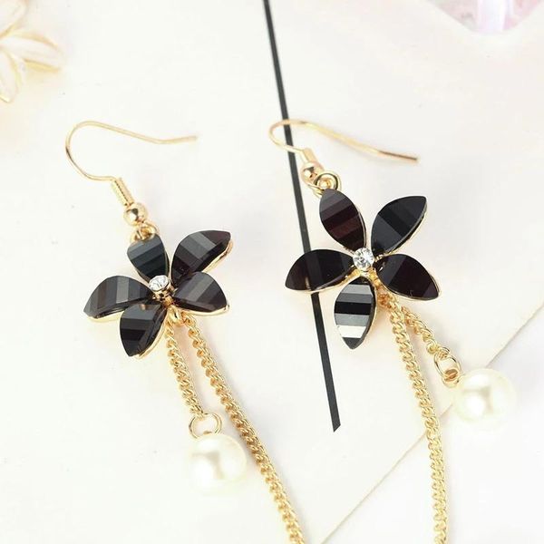 

sjdi-300 new korean 5 petal acrylic zircon pearl tassel clip on earrings transparent no hole clip earrings wholesale women's, Golden;silver