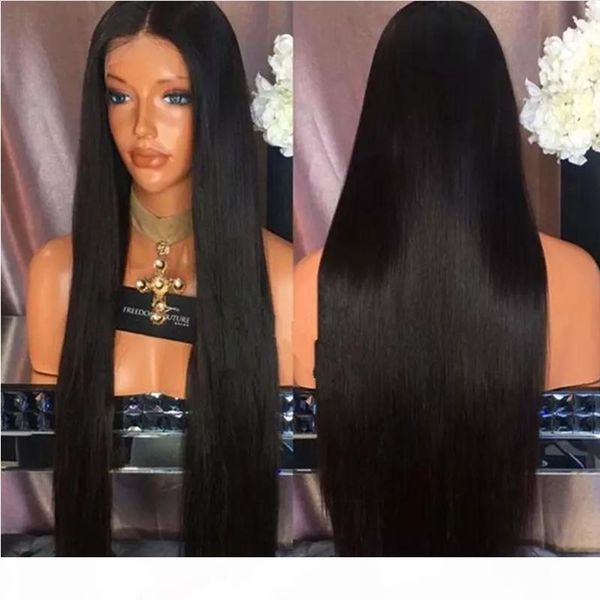 

natural black 1b# middle part long silky straight synthetic full wigs heat resistant synthetic lace front wigs for black women