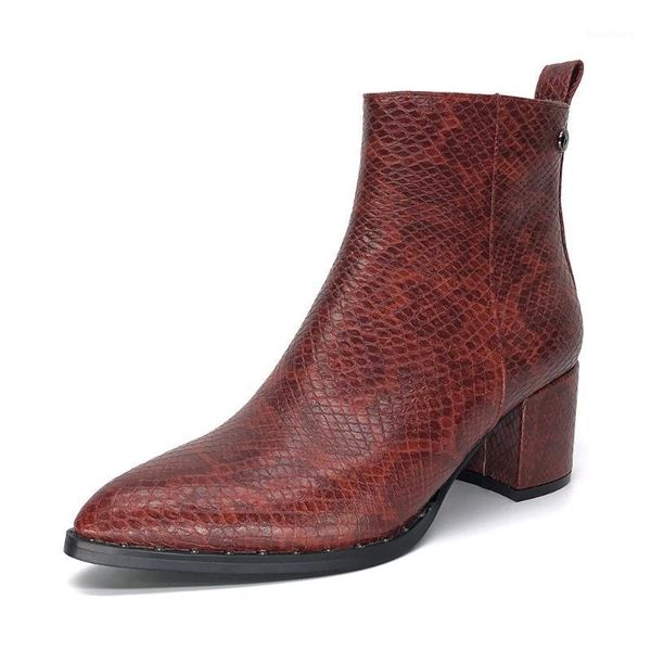 

pointed toes flat shoes ladies red block heel snake skin boots1, Black