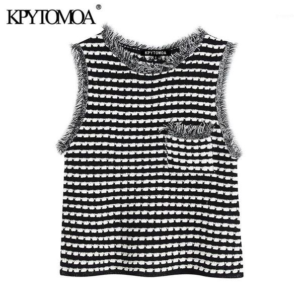 

kpytomoa women 2020 sweet fashion pockets frayed knitted blouses vintage o neck sleeveless female shirts blusas chic 1, White