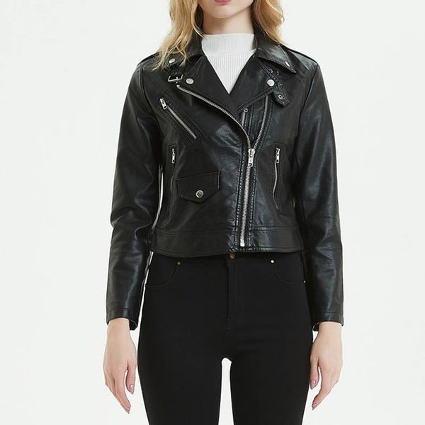 

normov fashion women spring autumn jacket coat black white plus size pu casual short turn-down collar zipper leather jacket, Black;brown
