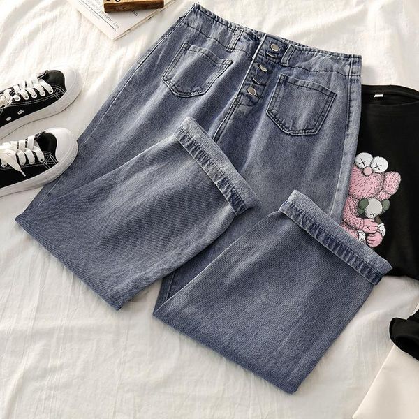 

mooirue autumn high waist jeans women button pockets casual streetwear harajuku wide leg bottom korean style denim pants1, Blue