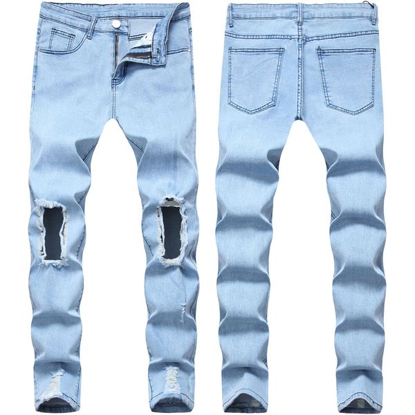 

skinny mens jeans blue ripped destory hole cool men jeans stretch slim fit denim biker jeans hip hop men streetwear 2015#