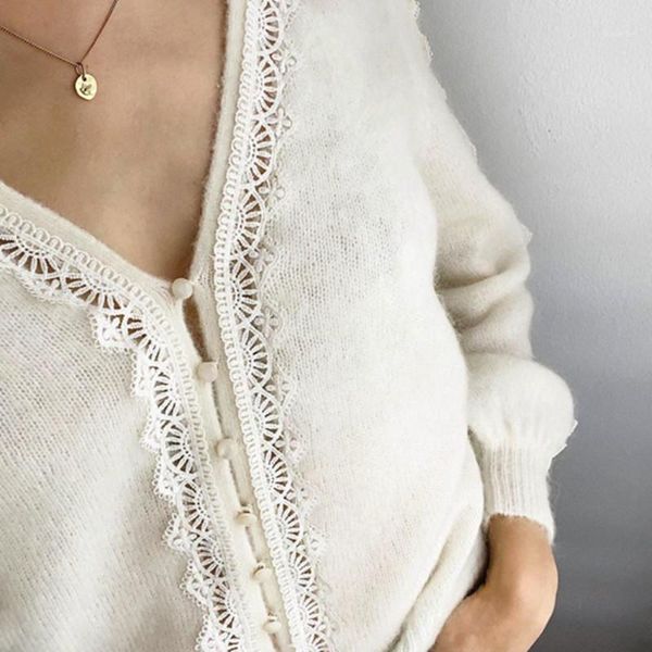 

new gentle hollow out lace knitted sweater loose knit v neck cardigan knitwear jacket, White